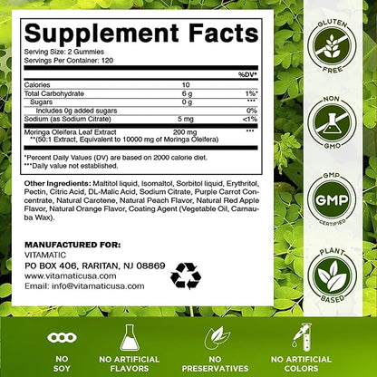 Vitamatic Moringa Gummies – Sugar-Free 50:1 Plant-Based Extract – Green Superfood – Pectin-Based, Vegan, Non-GMO – 240 Gummies