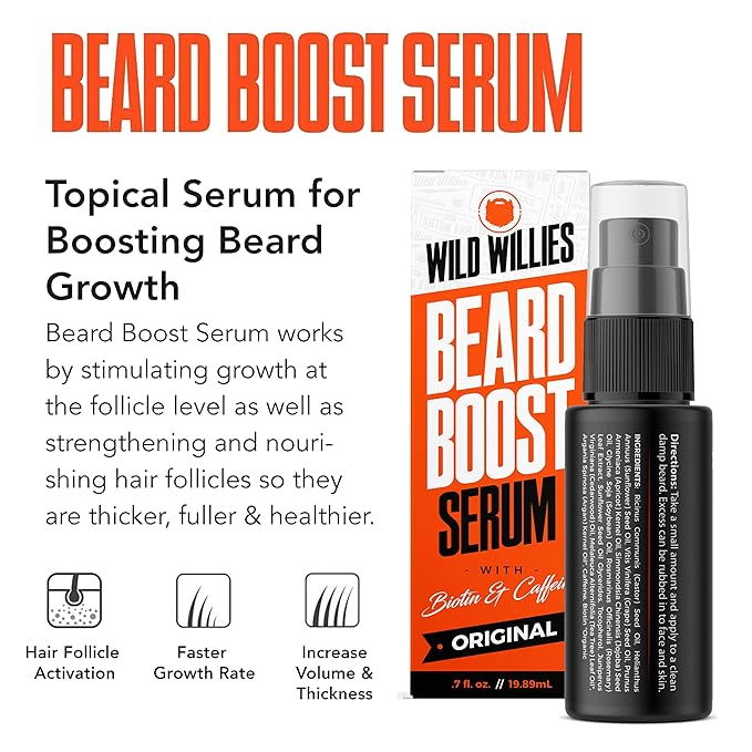 Wild Willies Beard Growth Kit - Capsules & Boost Serum - Natural Growth Oil With Biotin & Caffeine - Vitamins for Fuller, Thicker Beard - 60 Capsules - For Men