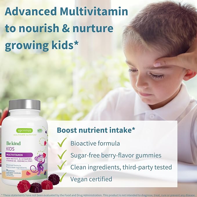 Igennus Methylated Kids Multivitamin Gummies, Clean Label & Third Party Tested, No Artificial Sweeteners or Flavors, Sugar Free, Age 4+, 6X 90 Natural Berry Flavor from Fruit Powder, Non-GMO, Halal