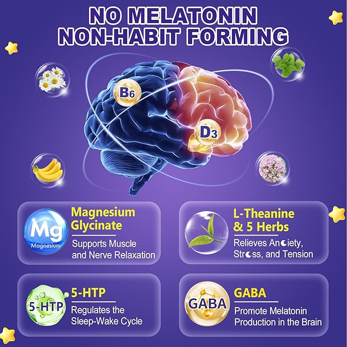 Nextdia Melatonin Free Sleep Gummies, with Magnesium Glycinate, GABA, 5-HTP, L-Theanine, Valerian, Chamomile, Lemon Balm, Vitamin D3 & B6 - Hormone & Drug- Free, Non-Habit Forming,Sugar Free