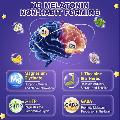 Nextdia Melatonin Free Sleep Gummies, with Magnesium Glycinate, GABA, 5-HTP, L-Theanine, Valerian, Chamomile, Lemon Balm, Vitamin D3 & B6 - Hormone & Drug- Free, Non-Habit Forming,Sugar Free