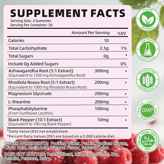 Cortisol Supplements Gummies for Women Sugar-Free Cortisol Gummies with Magnesium Glycinate Ashwagandha Rhodiola Rose Support Relaxation & Focus, Raspberry Flavor, 120 Count