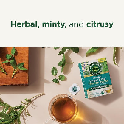 Traditional Medicinals Organic, Stress Ease Tension Relief, Lemon Verbena Mint Tea - Supports Stress Relief - Kosher, Non-GMO, Caffeine-Free, Compostable - 16 Tea Bags
