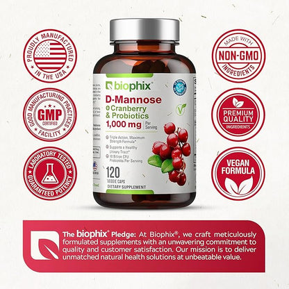 biophix D-Mannose 1000mg Capsules with Cranberry & Probiotics - D Mannose Supplements for Women - D-Mannose Pills for Urinary Tract & Bladder Health Support - Digestive Well-Being - 120 Vcaps