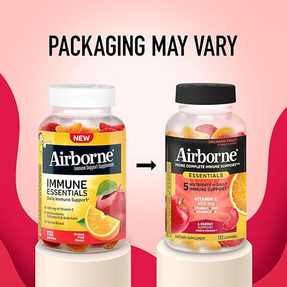Airborne 400mg Vitamin C Gummies for Adults & Children, Immune Essentials Daily Immune Support Supplement with Powerful Antioxidants Vitamins C & E Plus Selenium - 132 Gummies, Orchard Fruit Flavor