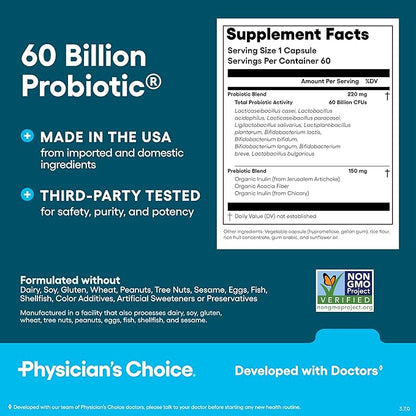 Physician's CHOICE Probiotics 60 Billion CFU - 10 Strains + Organic Prebiotics - Immune, Digestive & Gut Health - Supports Occasional Constipation, Diarrhea, Gas & Bloating - for Women & Men - 60ct