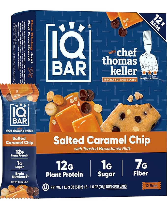 IQBAR Clean Plant Protein Bars - Salted Caramel Chip - 12 Count - Keto, Vegan, High Fiber, Gluten and Dairy Free, Low Sugar Snack - Brain and Body Nutrients for Focus, Energy, Meal Replacement