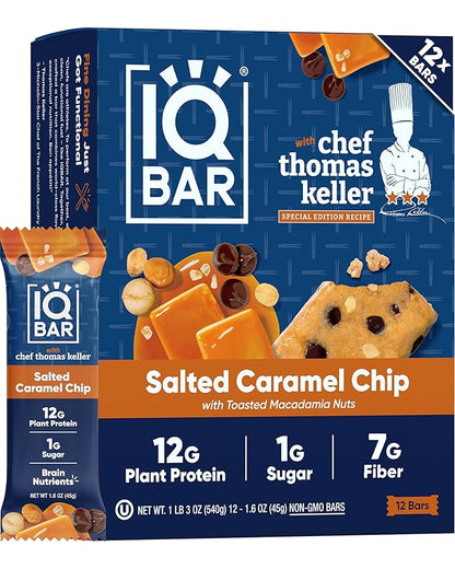 IQBAR Clean Plant Protein Bars - Salted Caramel Chip - 12 Count - Keto, Vegan, High Fiber, Gluten and Dairy Free, Low Sugar Snack - Brain and Body Nutrients for Focus, Energy, Meal Replacement
