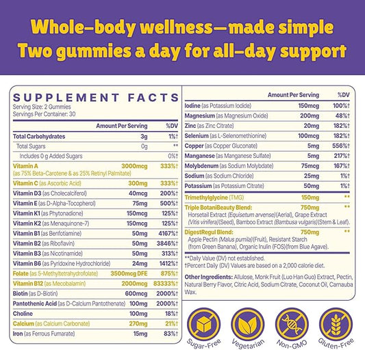 Methylated Multivitamin for Women Gummies, Methylfolate & B12, TMG, Calcium, Probiotic, Daily Vitamin A, C, E, B Complex - Energy, Immune, Bone, Skin, Hair - Vegan, Sugar Free, 120 Count