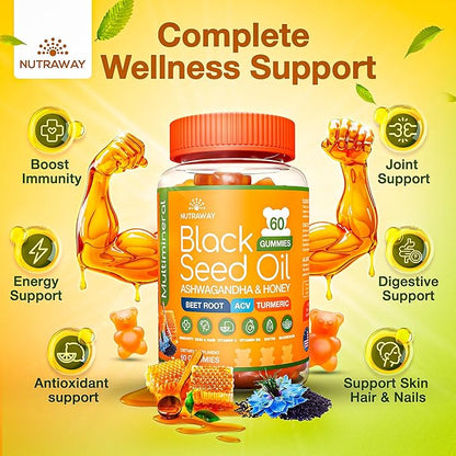 Black Seed Oil Gummies – Black Cumin Seed Oil, Ashwagandha, ACV, Biotin, Turmeric, Beet Root, Pomegranate, Vitamins C & B6 – Clean-Label Multivitamin Gummies for Adults & Kids