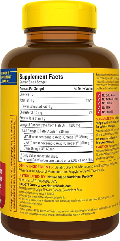 Nature Made Burp Less Omega 3 Fish Oil Supplements, 1200mg, EPA DHA Omega 3 Supplement as Ethyl Esters, Fish Oil Softgels for Healthy Heart, Brain and Eyes Support, One Per Day, 120 Softgels