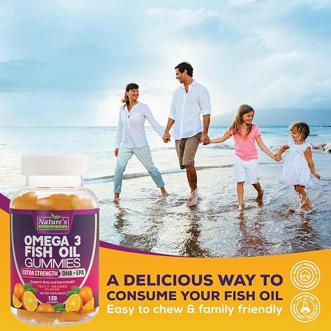 Omega 3 Fish Oil Gummies, Heart Healthy Omega 3 Gummy Supplement with High Absorption DHA & EPA, Extra Strength Joint & Brain Support, Delicious Orange Flavor Fish Oil Nature's Vitamin - 120 Gummies