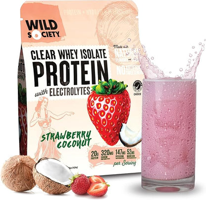 WILD SOCIETY - Clear Protein Powder + Electrolytes - 20g Clear Whey Protein Isolate Drink - Zero Sugar - 0g Lactose - Natural Flavors & Colors - Muscle Post Workout Recovery - Strawberry Coconut, 16oz