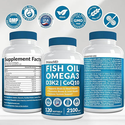5-in-1 Fish Oil Omega 3 Supplements (2100mg) - Fish Oil with Vitamins D3 & K2 and CoQ10 - EPA DHA Omega 3 Supplement - Lemon Flavored Fatty Acid Supplements, Pack of 2