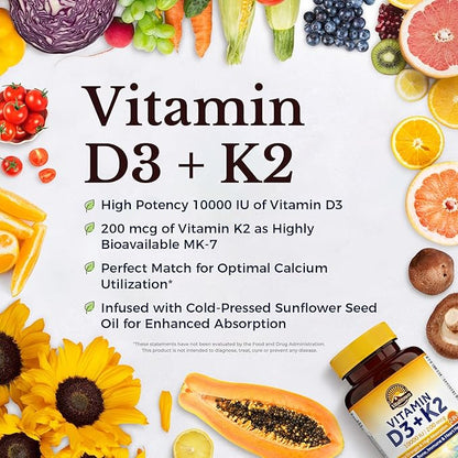 Vitalitown Vitamin D3 K2 Supplement, Vitamin D3 10000 IU Vitamin K2 (MK7) 200 mcg, 300 Softgels, Non-GMO, No Gluten & Soy, for Bone, Teeth, Immune & Heart Health