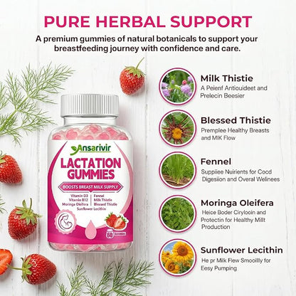 Lactation Supplement Gummies – Powered by Moringa, Fennel, Sunflower Lecithin, Milk Thistle, Blessed Thistle, Plus Vitamins D3 & B12 – 60 Gummies for Breastfeeding Support & Milk Supply Boost