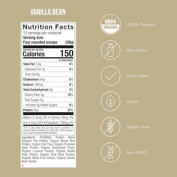 Protein Powder - Muscle Growth & Recovery Support - Plant-Based Protein - Essential Amino Acids & BCAAs - Vegan, Gluten-Free & USDA Organic - Vanilla, 1.25 Pound (Pack of 2)