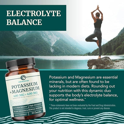 Potassium Magnesium Supplement | High Strength Electrolyte Balance for Heart Health & Muscle Support | 400 MG Potassium + 400 MG Magnesium | Energy, Bone Health, Sleep & Mood Support | 90 Ct.