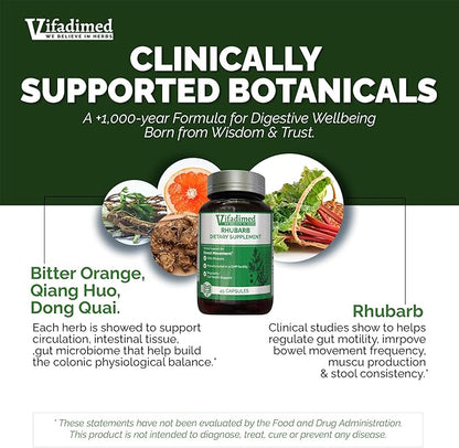 Rhubarb,Gut Motility Activator for Bowel Movement and Regularity,Constipation Relief,Bloating & Gas Relief,Mucus Production Assist,Lining & Microbiome Support, 45 Capsules