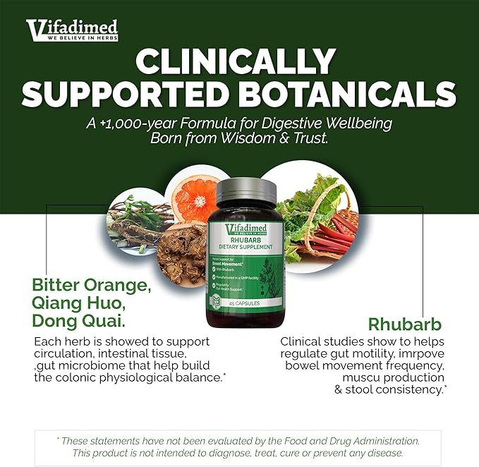 Rhubarb,Gut Motility Activator for Bowel Movement and Regularity,Constipation Relief,Bloating & Gas Relief,Mucus Production Assist,Lining & Microbiome Support,90 Capsules