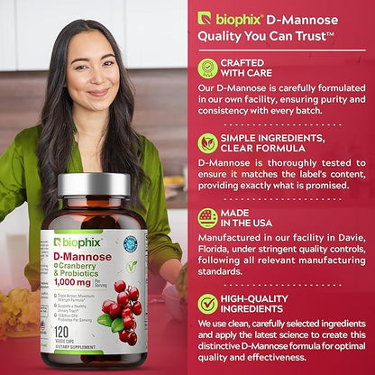 biophix D-Mannose 1000mg Capsules with Cranberry & Probiotics - D Mannose Supplements for Women - D-Mannose Pills for Urinary Tract & Bladder Health Support - Digestive Well-Being - 120 Vcaps 2 Pack