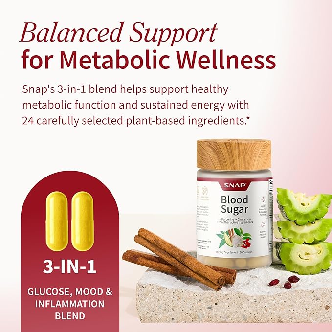 Snap Supplements Blood Sugar Blend with Berberine, CoQ10, Cinnamon, and Gymnema to Support Already Healthy Blood Sugar, Metabolic Health and Energy, Sugar Free, 60 Capsules 2-Pack (Packaging May Vary)