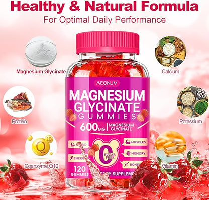 Magnesium Glycinate Gummies 600mg, Chewable Sugar Free Potassium Magnesium Gummies with Magnesium Glycinate, Vitamin D, B6 and CoQ10 for Sleep, Relaxation, Brain and Muscle, 60 Days Supply