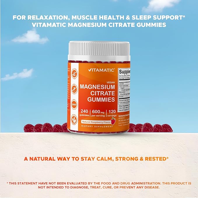 Vitamatic Magnesium Citrate Gummies 600mg per Serving - 240 Vegan Gummies - Natural Raspberry Flavor - High Absorption Magnesium Supplement - Supports Nerve, Bone and Muscle Health