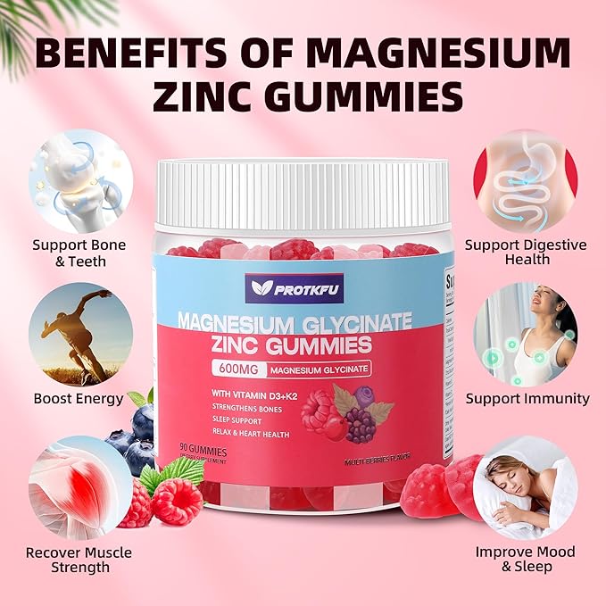 90 CT Magnesium Glycinate Gummies 600mg, Sugar Free Magnesium Gummies w/Zinc & Vitamin D3 - Magnesium Supplements for Sleep, Supports Bone Health, Nerve & Immune Function