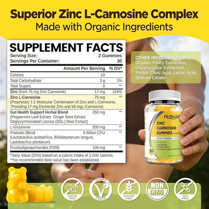 Zinc Carnosine Supplement Sugar Free, Organic Zinc Carnosine 75mg with L-glutamine, Probiotic & Herbal Blend, Comprehensive Gut & Digestive Health Support, Bloating Relief, Vegan, Non-GMO, 60 Gummies
