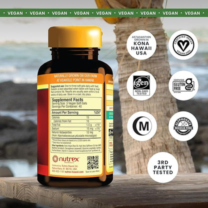 Nutrex Hawaii Vegan BioAstin Hawaiian Astaxanthin - 4mg, 120 Softgels - Farm-Direct Premium Antioxidant Supplement to Support Eye, Skin, Joint & Immune System Health - Vegan, Non-GMO & Gluten-Free