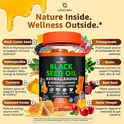 Black Seed Oil Gummies 500mg with Ashwagandha & Apple Cider Vinegar - Immune & Wellness Support Supplement with Vitamin C, Biotin, Turmeric - 60 Organic Gummy Bears for Hair & Skin
