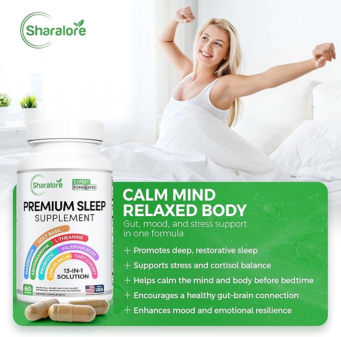 13-in-1 Natural Sleep Aid for Adults – Melatonin-Free Premium Sleep Supplement with Magnesium, Ashwagandha, 5-HTP, Valerian Root & Probiotics – Non-Habit Forming – 60 Capsules