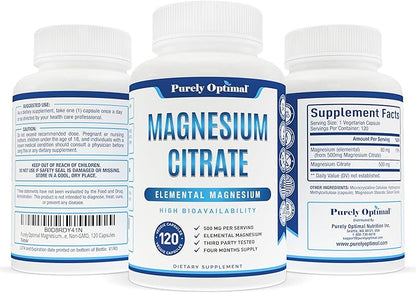 Purely Optimal Magnesium Citrate 500mg – Magnesium Supplement for Digestive Health, Gentle Constipation Relief, Muscle & Sleep Support, Calm & Relaxation – High Absorption, 120 Easy-to-Swallow Caps