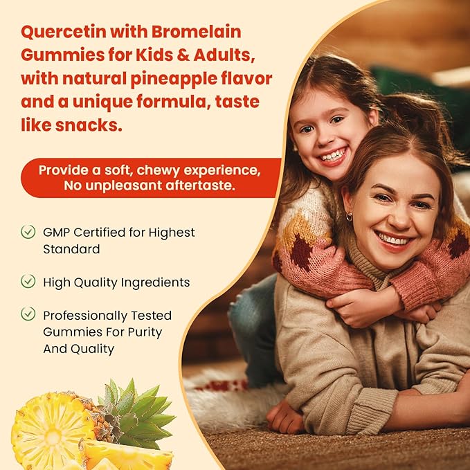 Sugar Free Quercetin with Bromelain Gummies for Kids & Adult - Immune, Antioxidant, Seasonal Support, 1000mg Quercetin Supplements with Bromelain, Zinc, Elderberry, Vitamin C D3 E, Vegan, 60 Count