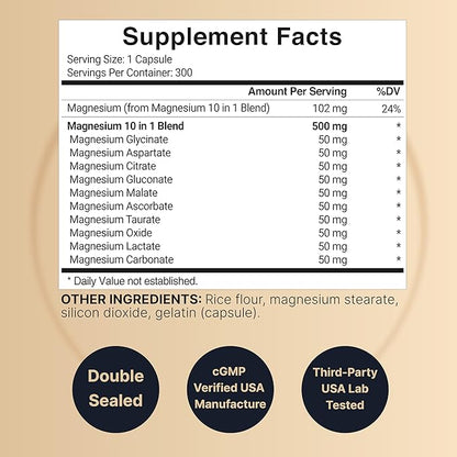 Magnesium Complex 500mg, 300 Capsules | 10-in-1 Magnesium Glycinate, Citrate, Malate & More | Chelated Form for Easy Absorption | Non-GMO