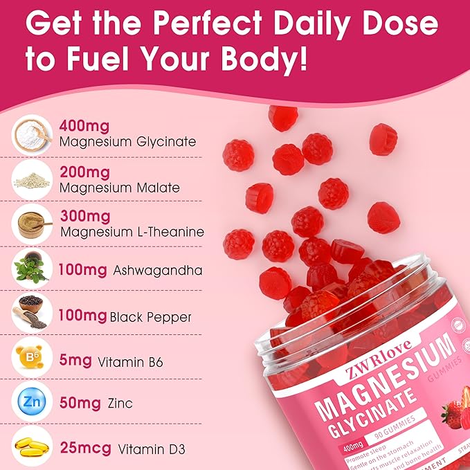 Magnesium Glycinate Gummies 400 mg with Ashwagandha,Magnesium Malate & L-Theanine for Women Men & Kids Adults,Chewable Complex Supplements for Sleep,Calm,Nerves,Heart,Muscles,90 Count