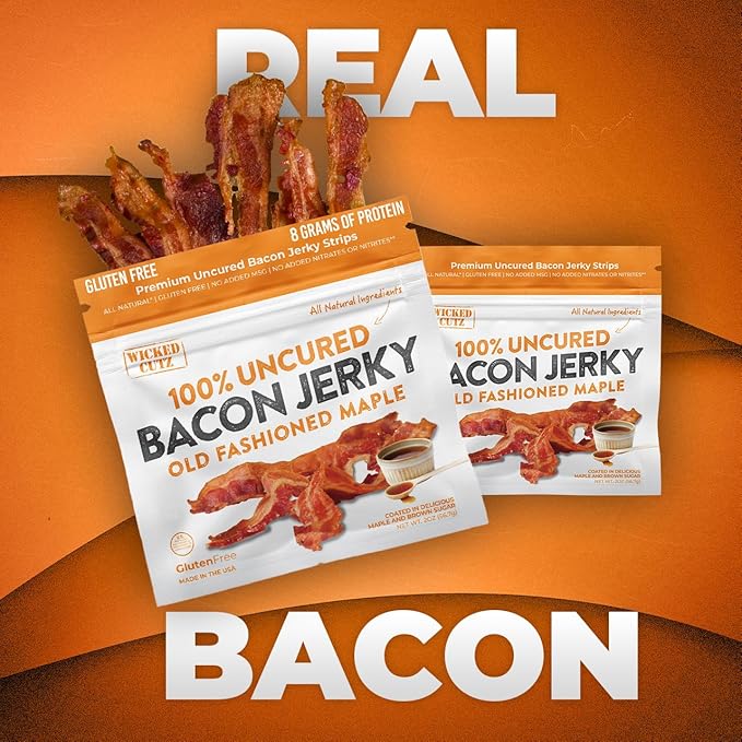 Old Fashioned Maple Bacon Jerky, Candied Jerky with 16g Protein Per Bag, Tender & Easy to Chew Fully Cooked Bacon, USA Made High Protein Carnivore Snacks (2 Bags)