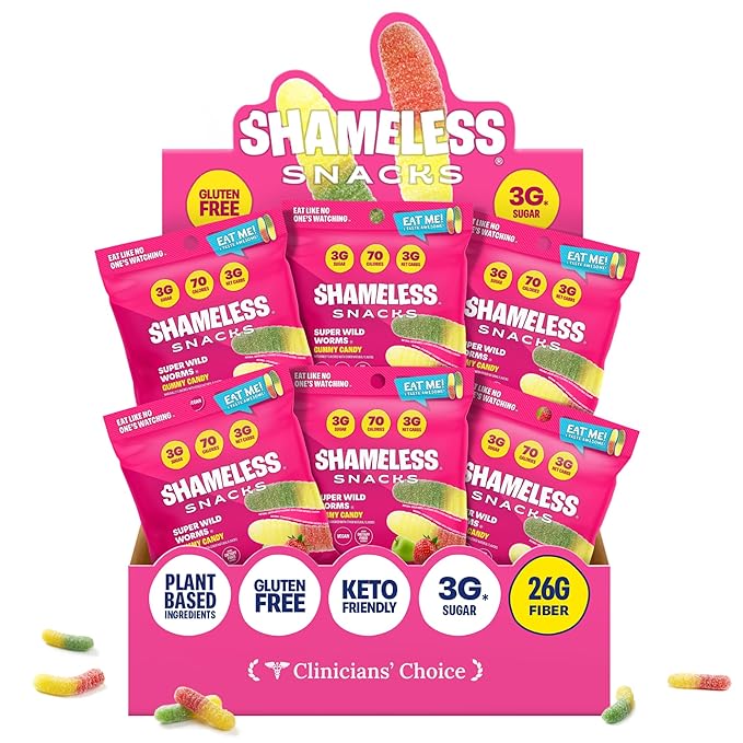 Shameless Snacks - Healthy Low Calorie Snacks, Low Carb Keto Gummies (Gluten Free Candy) - 6 Pack Wild Worms