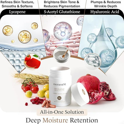 momentM Revitalize Skin Hydration Supplement, Vegan Collagen Alternative with Ceramosides & Astaxanthin - Hyaluronic Acid Supplements for Anti-Aging, Wrinkles & Fine Lines, 60 Hyaluronic Acid Capsules
