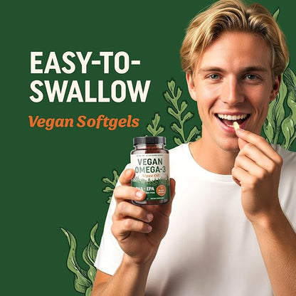 Vegan Omega 3 Algae Oil | Plant Based DHA EPA | Sustainably Sourced, No Carrageenan, Non GMO | Heart, Brain, and Eye Health | Fish Oil Alternative | Algae Omega 3 Supplement | 60 Softgel Capsules
