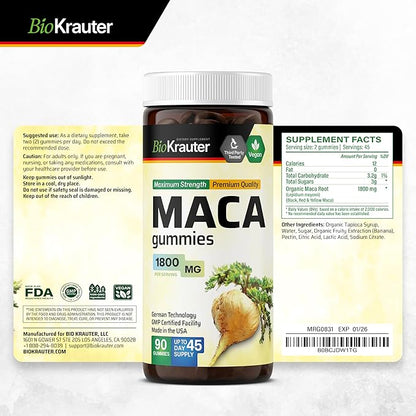 BIO KRAUTER Maca Root for Women and Men - Black, Red & Yellow Maca Supplement 1800 mg for Drive, Performance & Energy Support - 90 Gummies, 45-Day Supply, Non-GMO, Banana Flavor
