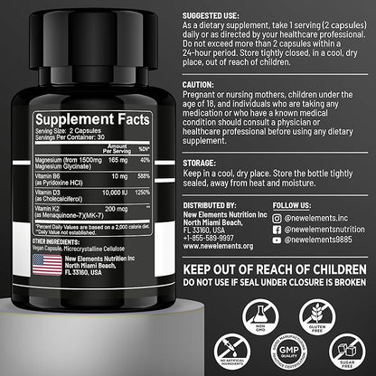 Vitamin D3 K2 with Magnesium Glycinate with Vitamin B6 for Enhanced Absorption | Magnesium 1500mg | D3 10,000 IU | K2 (MK7) 200mcg | Vitamin B6 10mg | Immunity | Heart & Nerve Support | Vegan, Non-GMO