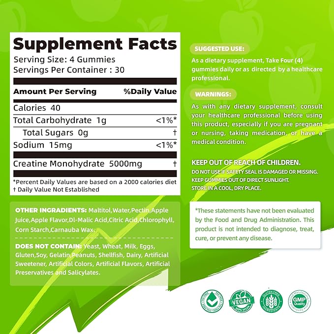 NSF Certified Creatine Gummy - Creatine Monohydrate Gummies 5000mg for Men & Women -120 Gummies Advanced Formula, Muscle Strength, Muscle Builder, Energy Boost, Pre-Workout Supplement-Apple