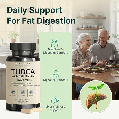 VINATURA TUDCA Milk Thistle 1250mg - Tudca Supplement, Tudca Bile Salts, Liver Support, Gallbladder Supplements *USA Made and Tested* Bile Salts Supplement - 90 Capsules
