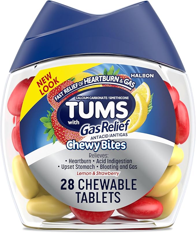 TUMS Chewy Bites Chewable Antacid Tablets with Gas Relief, Lemon & Strawberry - 28 Count