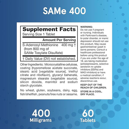 Jarrow Formulas SAMe Supplement 400 mg - 60 Tablets - High Concentration of Active S,S Form - Supports Joint Health, Liver Function, Brain Metabolism, Balanced Mood & Antioxidant Defense - 60 Servings