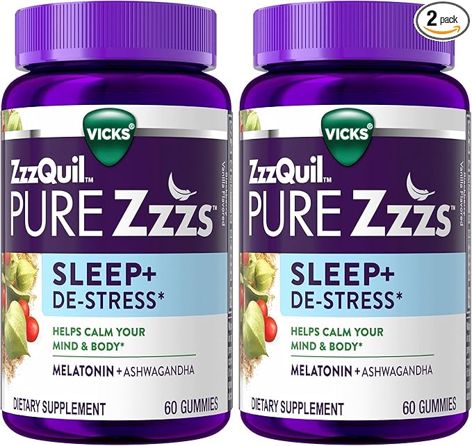 ZzzQuil Pure Zzzs De-Stress 2mg Melatonin Gummies,Sleep Aids for Adults,Ashwagandha for Stress Support,60 Gummies,(Pack of 2)