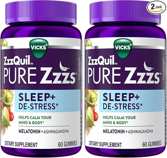 ZzzQuil Pure Zzzs De-Stress 2mg Melatonin Gummies,Sleep Aids for Adults,Ashwagandha for Stress Support,60 Gummies,(Pack of 2)