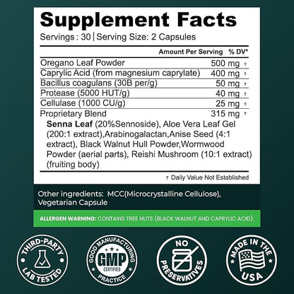 Candida Complex with Caprylic Acid for Men & Women – Anti Overgrowth, Balance and Restore Supplement for Yeast, Healthy Gut Flora & Skin with 30B/g Probiotic, Oregano, Senna - 1 Month Supply